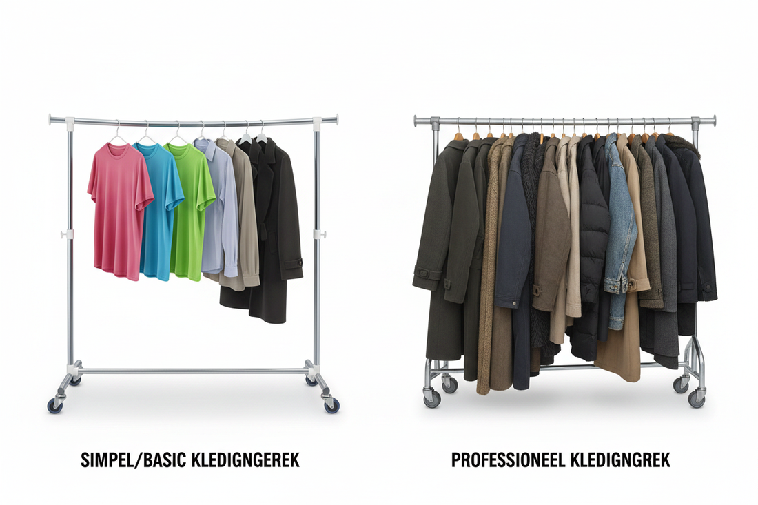 Vergelijking simpel/basic kledingrek versus professioneel kledingrek