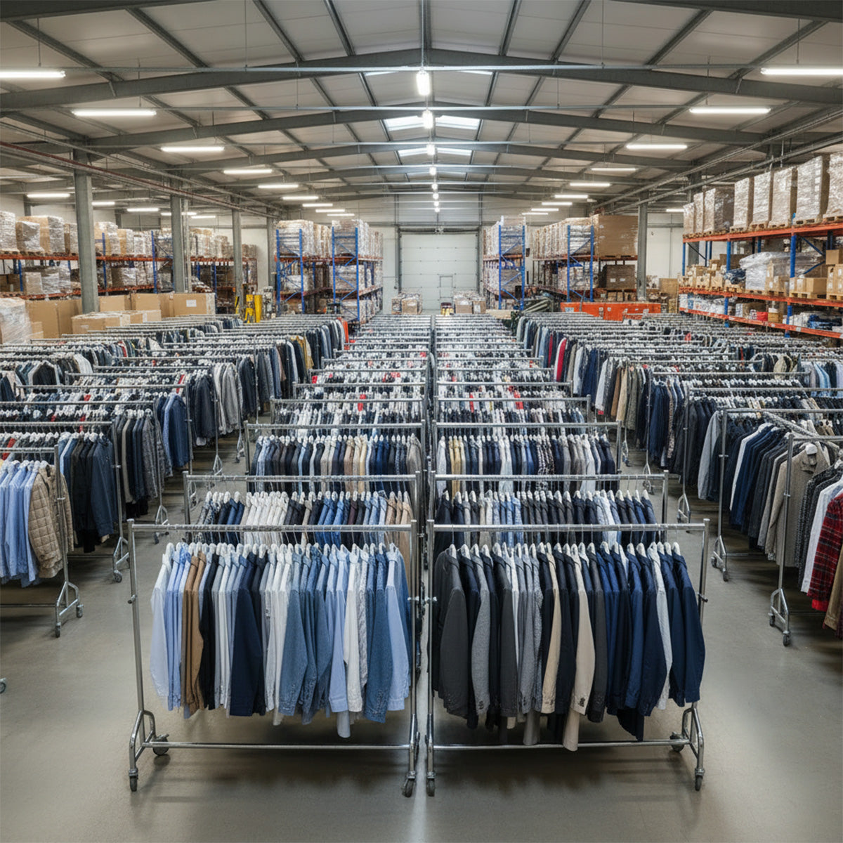 kleding magzijn geheel gevuld met kleding op transport rewkken van Hoftijzer Metaalwaren